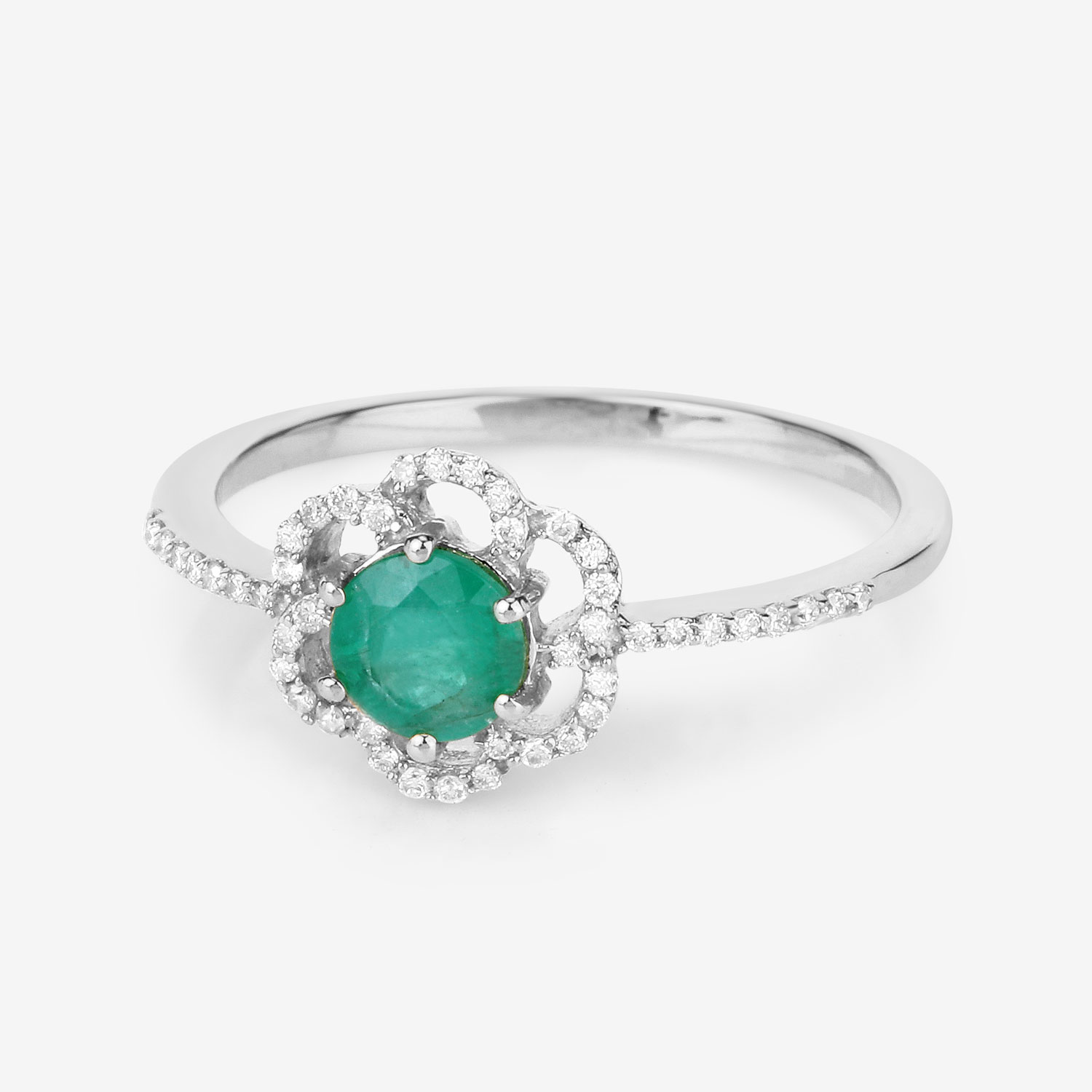 0.55 Carat Genuine Zambian Emerald and White Diamond 14K White Gold Ring