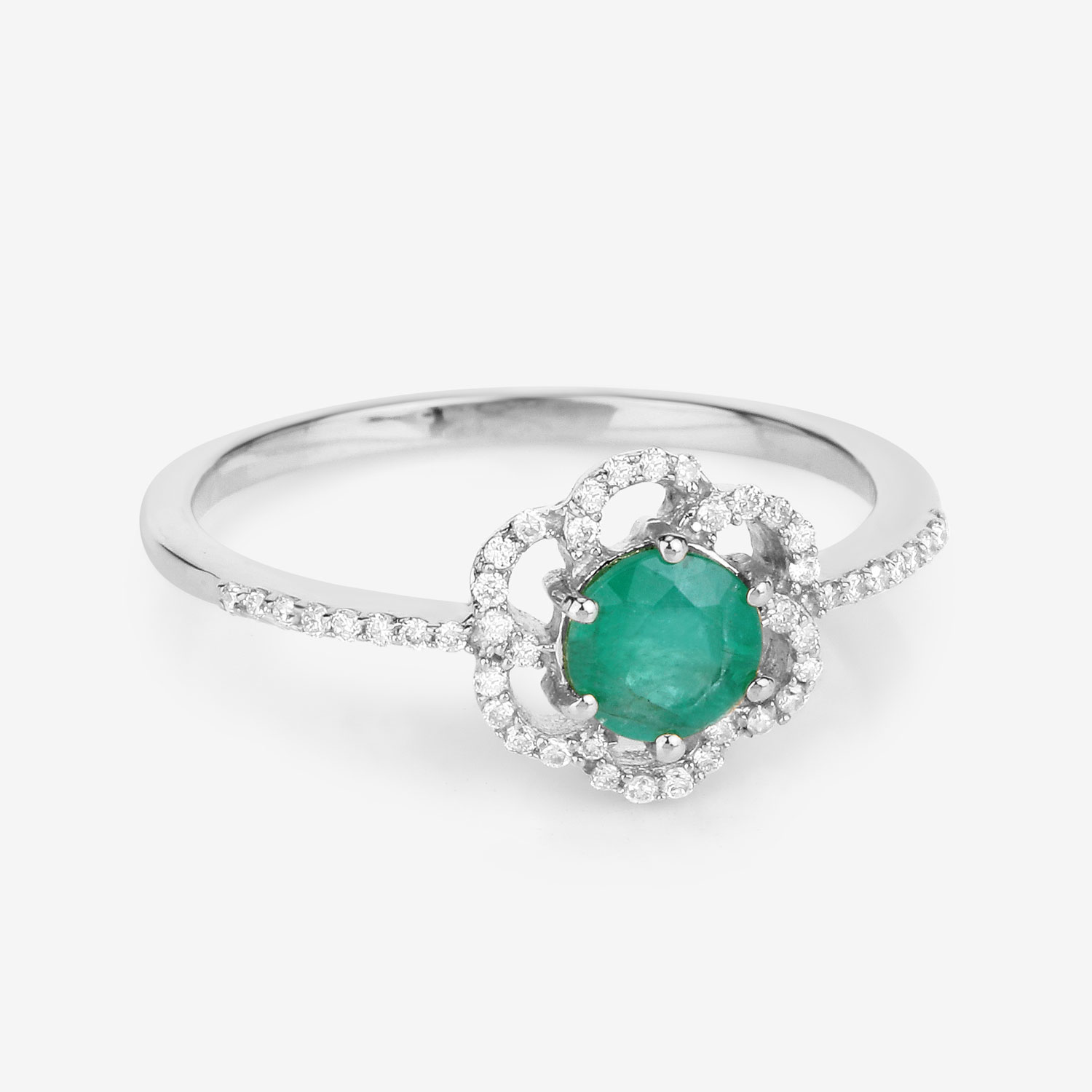 0.55 Carat Genuine Zambian Emerald and White Diamond 14K White Gold Ring