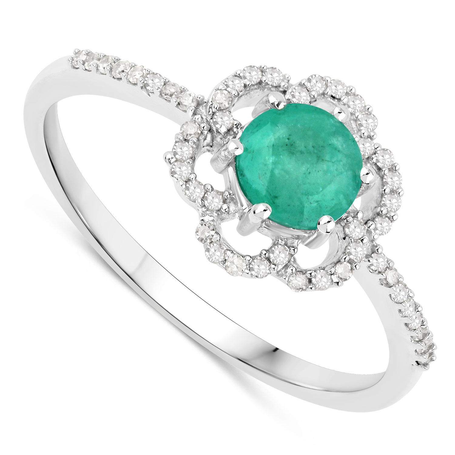 0.55 Carat Genuine Zambian Emerald and White Diamond 14K White Gold Ring