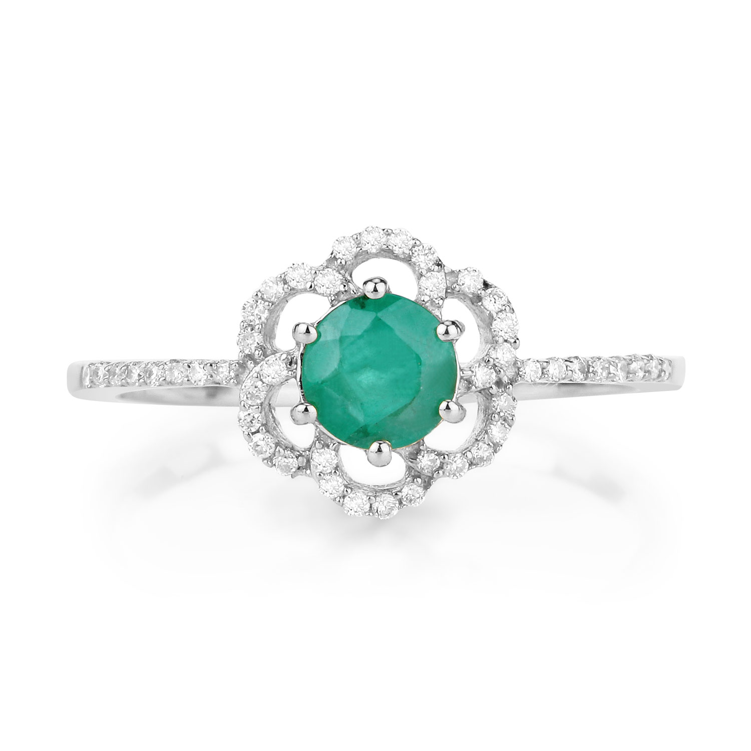 0.55 Carat Genuine Zambian Emerald and White Diamond 14K White Gold Ring