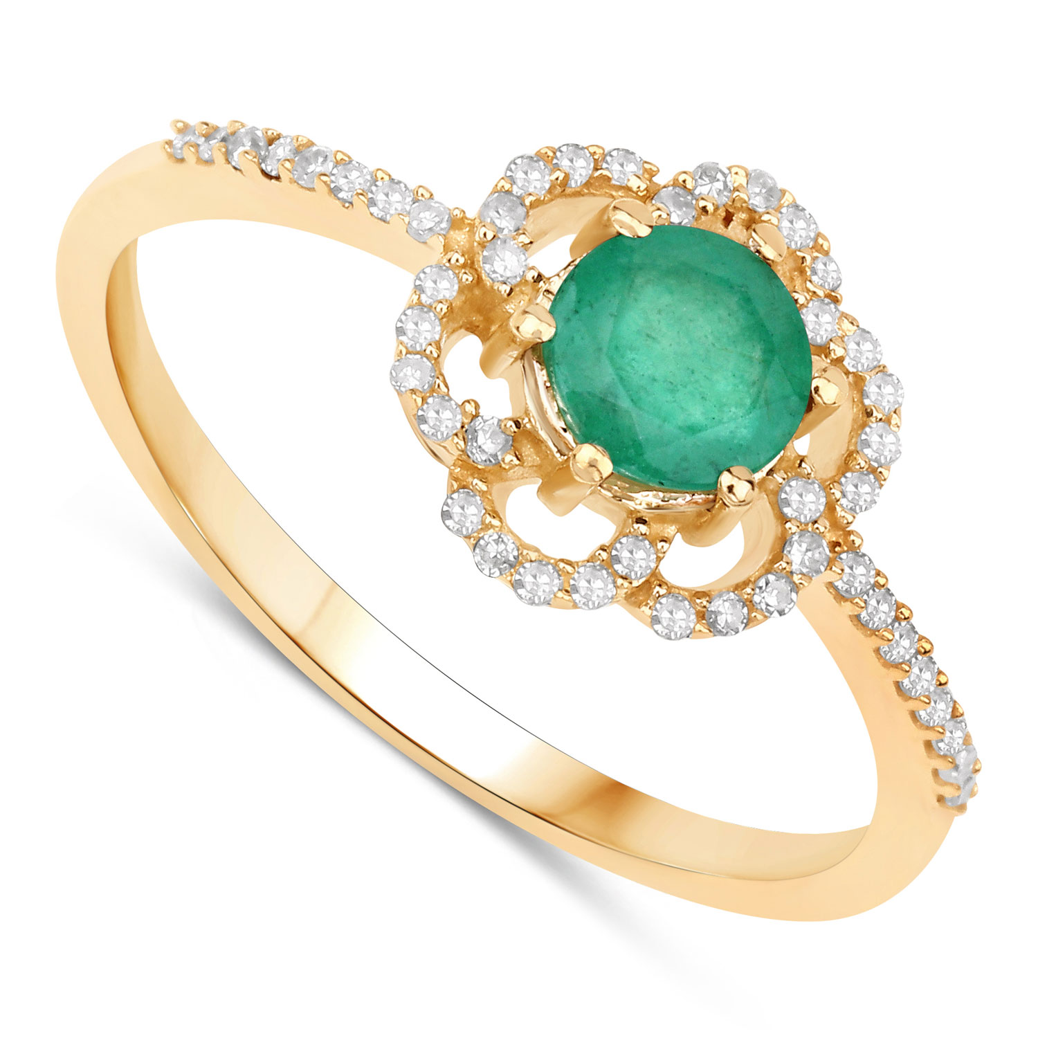 0.55 Carat Genuine Zambian Emerald and White Diamond 14K Yellow Gold Ring