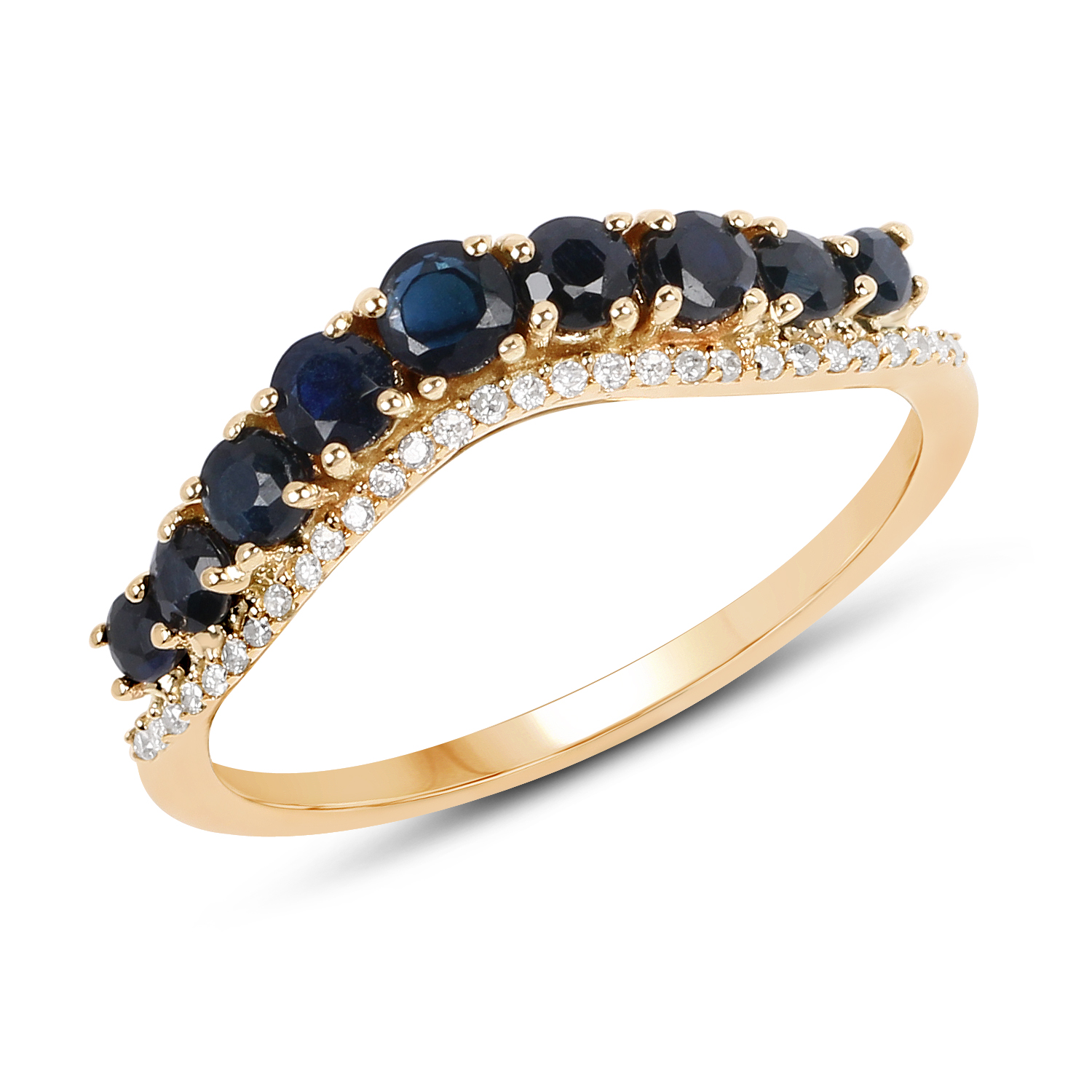 0.79 Carat Genuine Blue Sapphire and White Diamond 14K Yellow Gold Ring