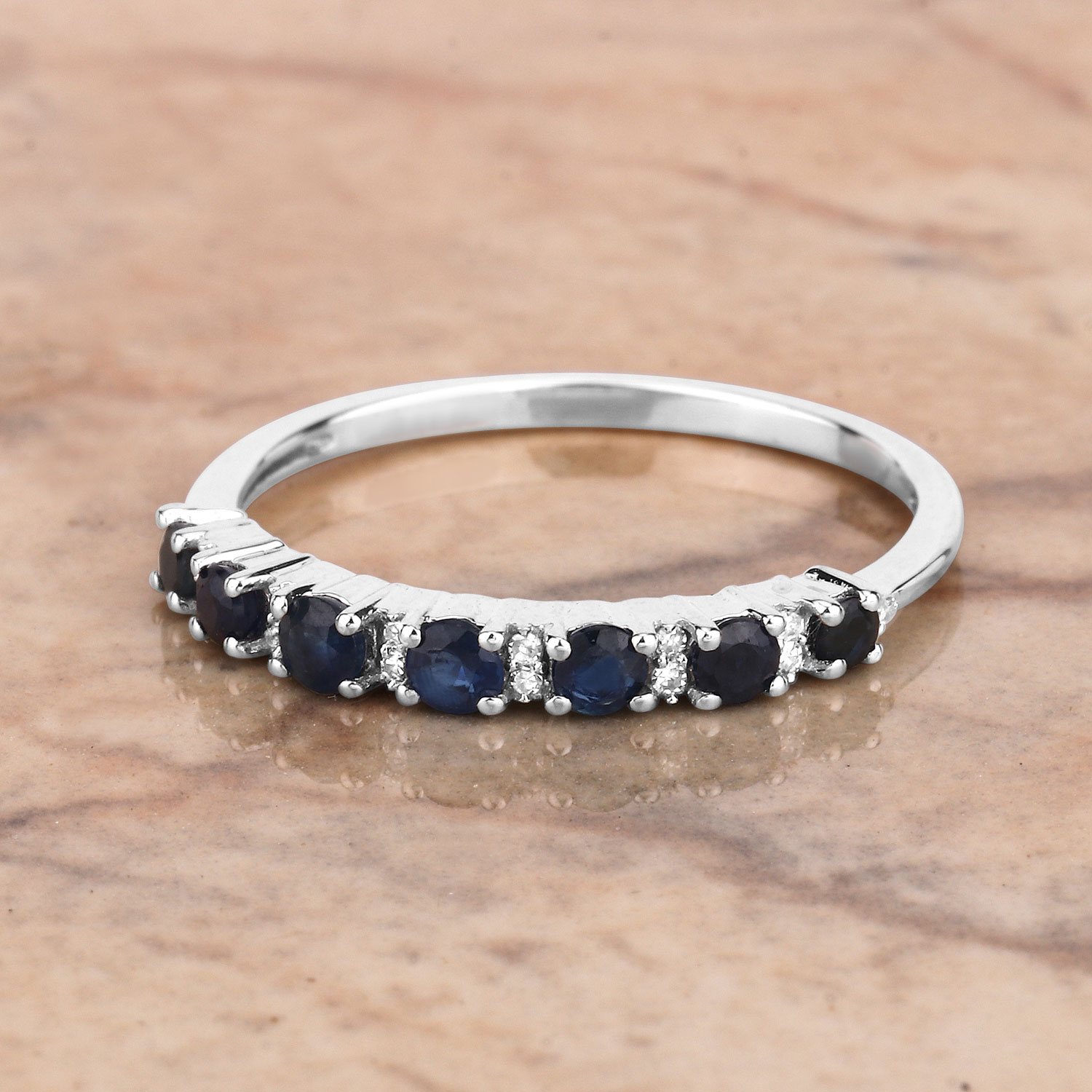 0.43 Carat Genuine Blue Sapphire and White Diamond 14K White Gold Ring