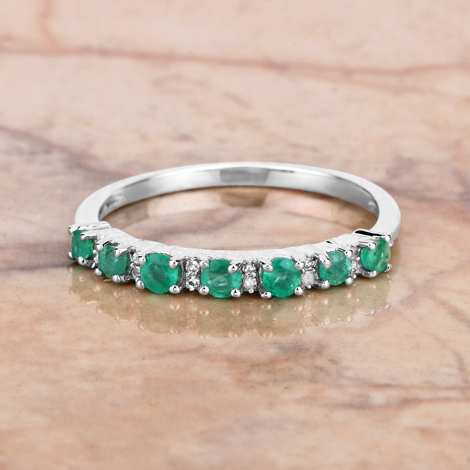 0.41 Carat Genuine Zambian Emerald and White Diamond 14K White Gold Ring