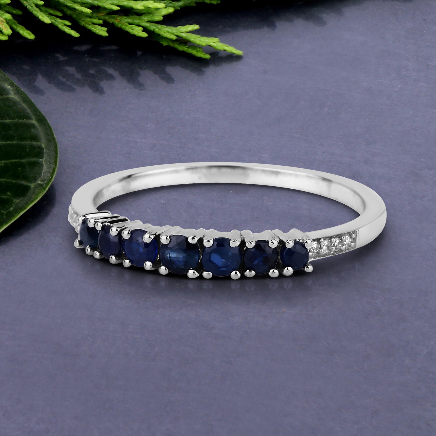 0.45 Carat Genuine Blue Sapphire and White Diamond 14K White Gold Ring