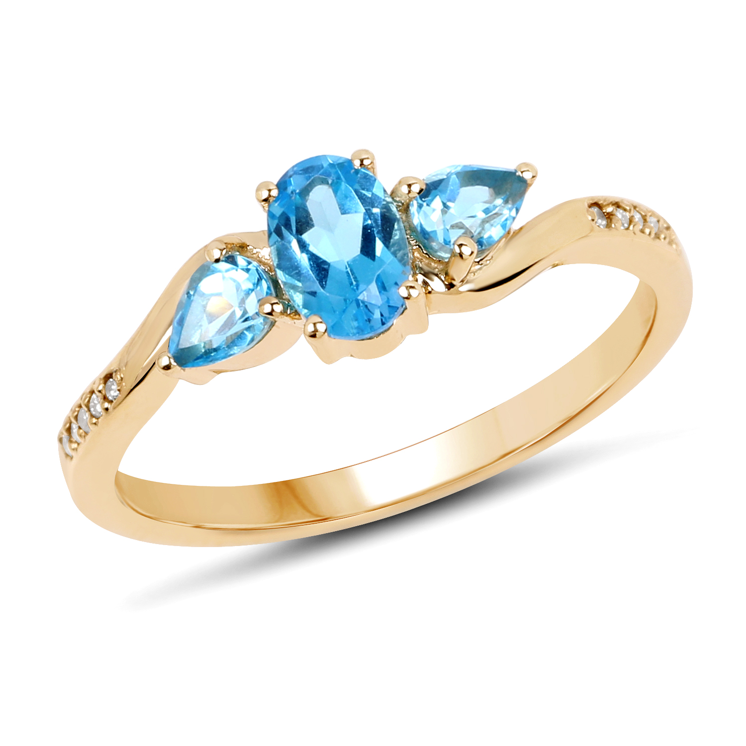 0.91 Carat Genuine Swiss Blue Topaz and White Diamond 14K Yellow Gold Ring