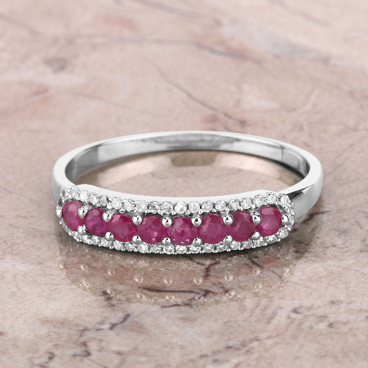 0.47 Carat Genuine Ruby and White Diamond 14K White Gold Ring