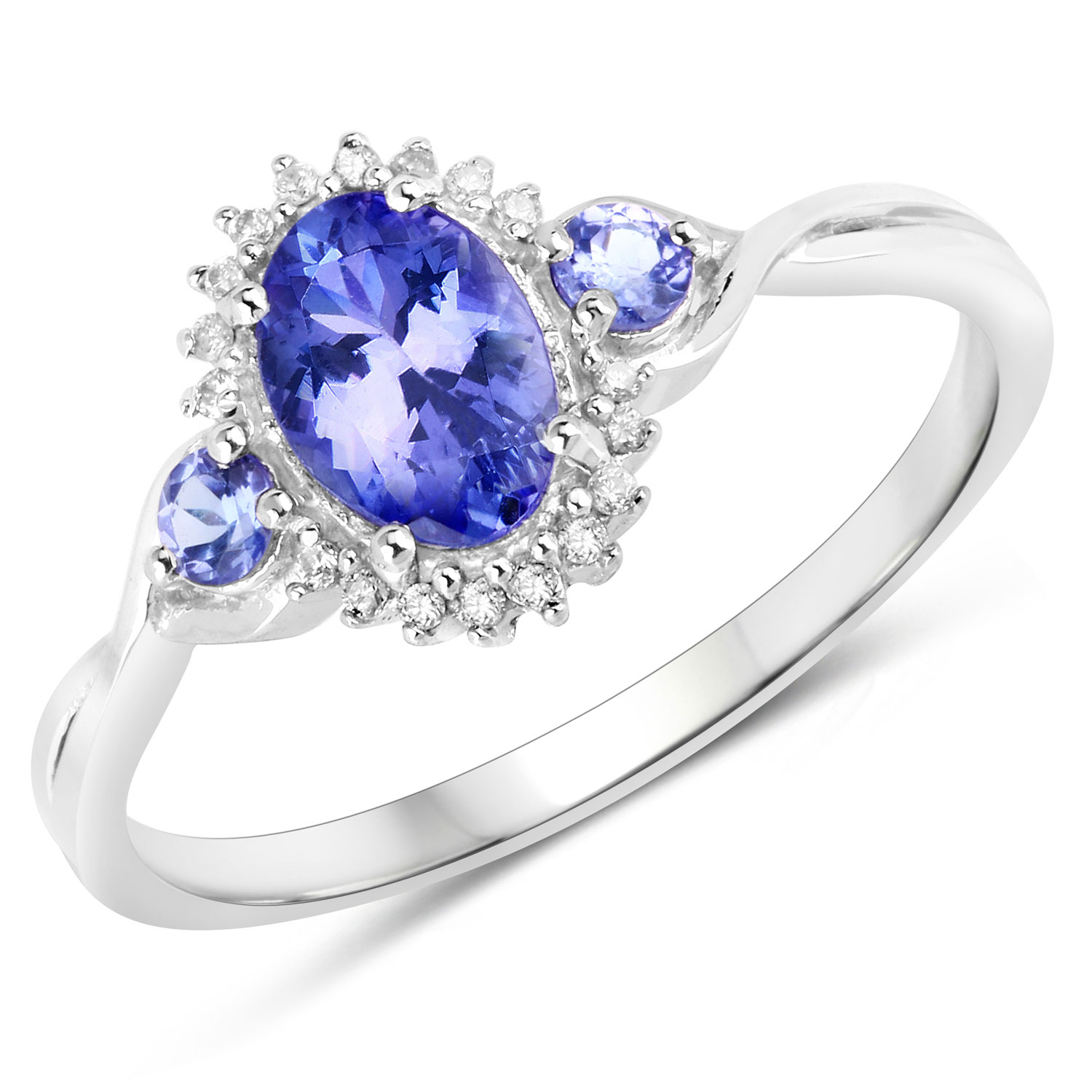 0.94 Carat Genuine Tanzanite and White Diamond 14K White Gold Ring