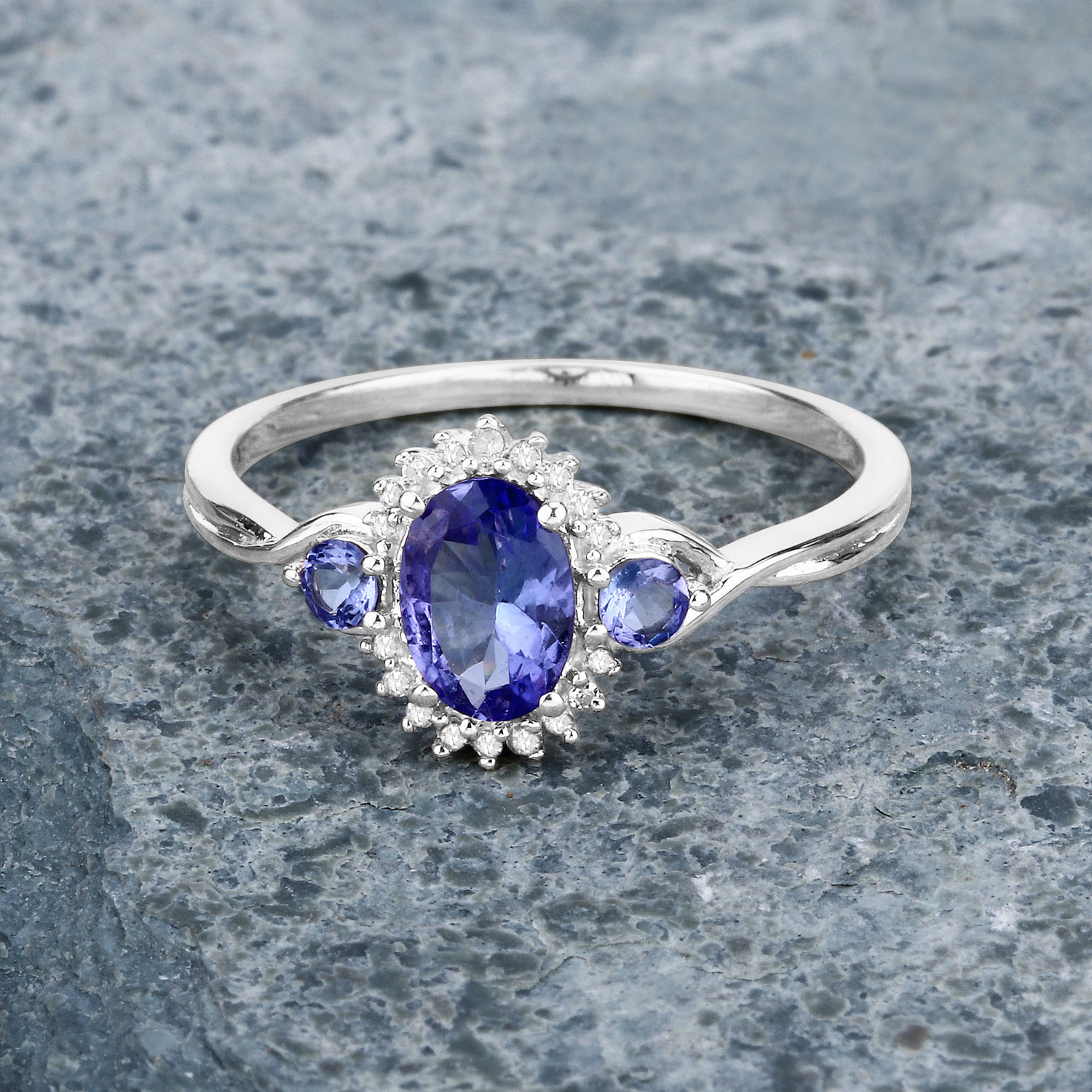 0.94 Carat Genuine Tanzanite and White Diamond 14K White Gold Ring