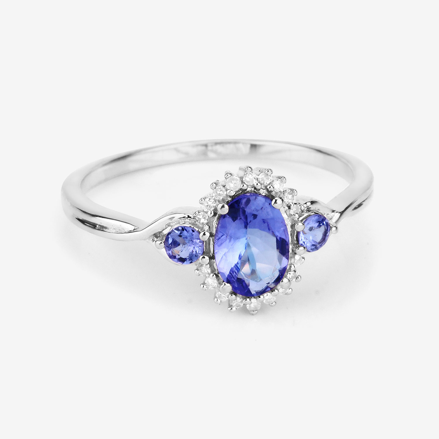 0.94 Carat Genuine Tanzanite and White Diamond 14K White Gold Ring