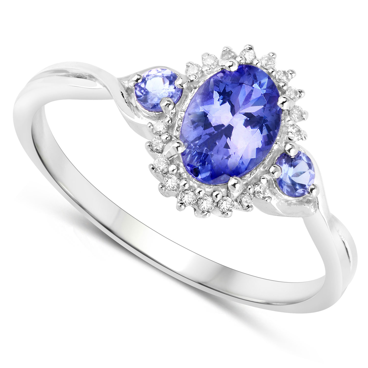 0.94 Carat Genuine Tanzanite and White Diamond 14K White Gold Ring
