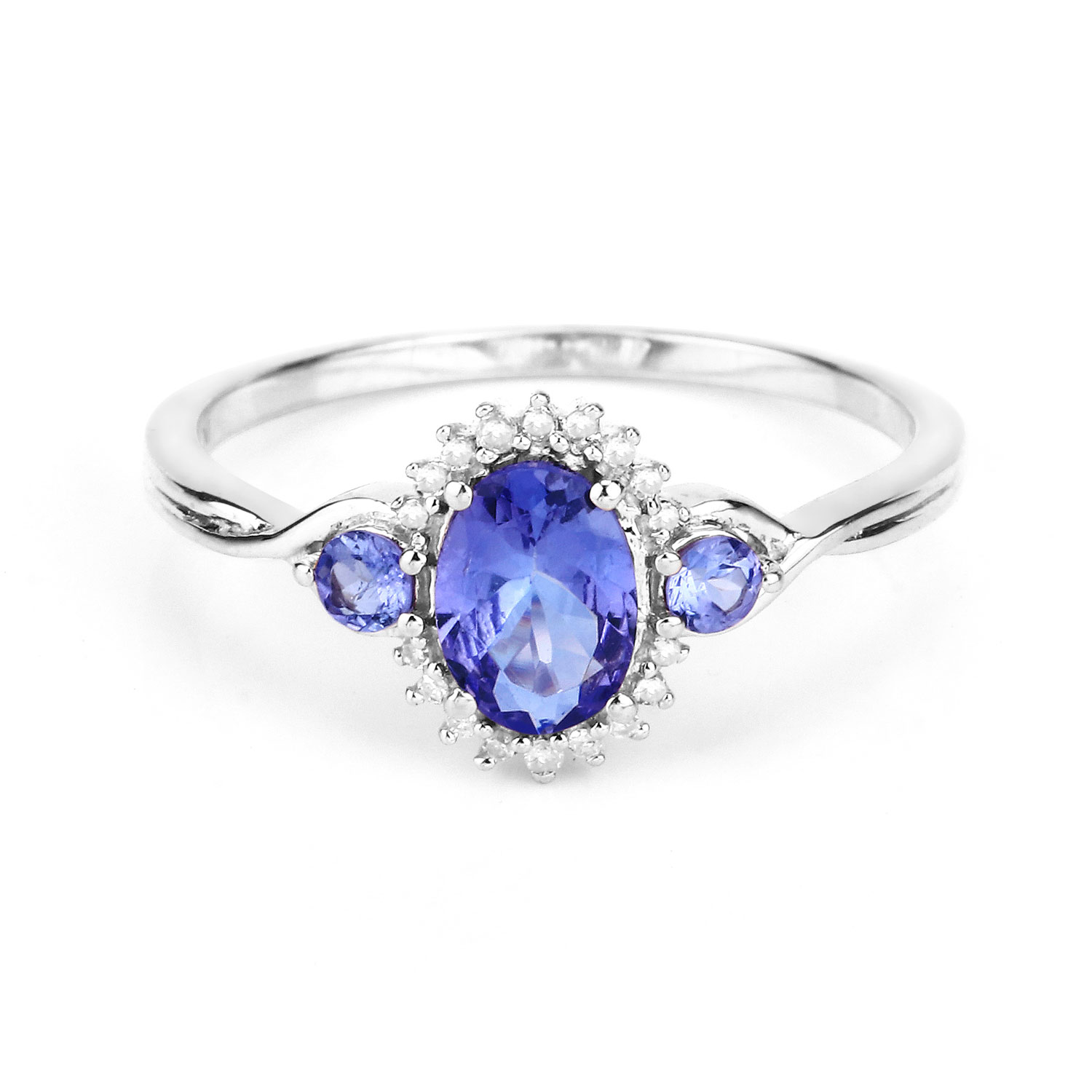 0.94 Carat Genuine Tanzanite and White Diamond 14K White Gold Ring