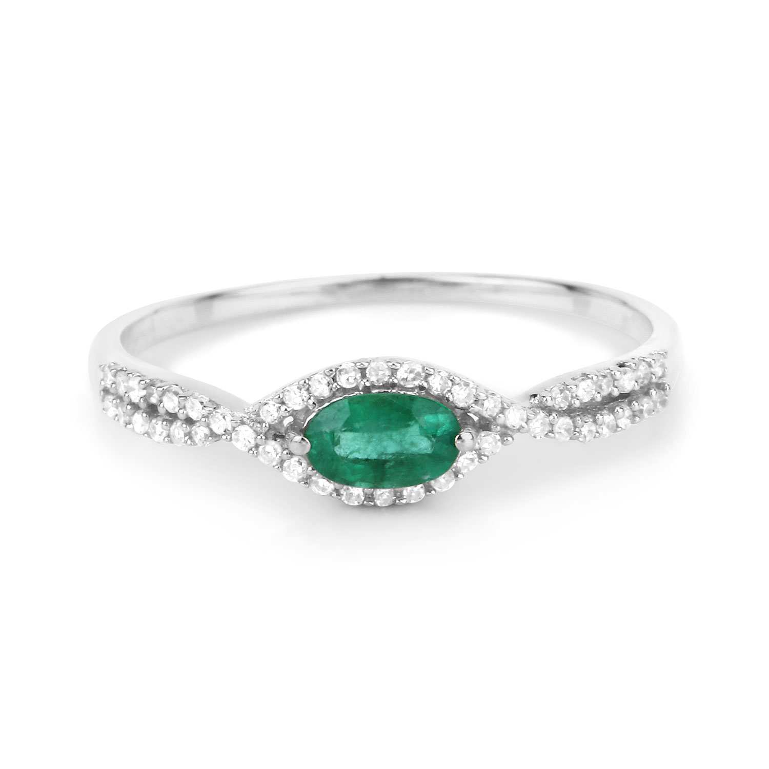 0.32 Carat Genuine Zambian Emerald and White Diamond 14K White Gold Ring