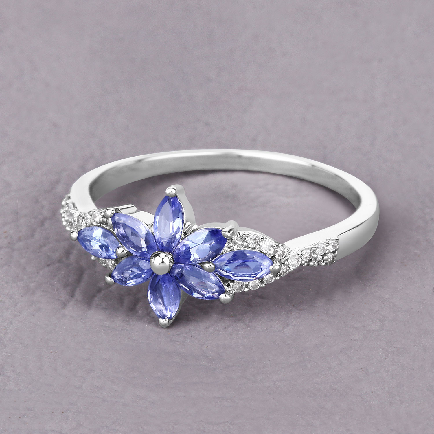 0.72 Carat Genuine Tanzanite and White Diamond 14K White Gold Ring