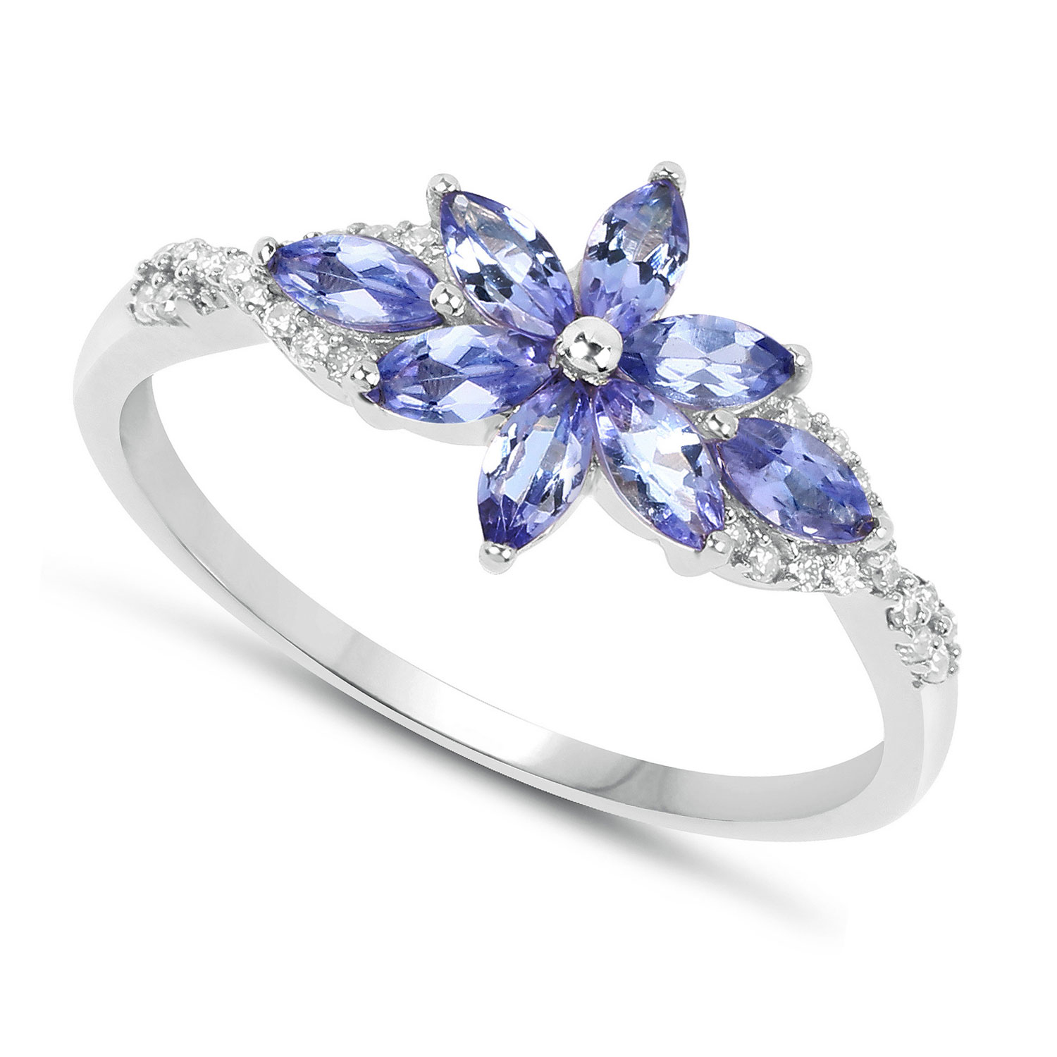 0.72 Carat Genuine Tanzanite and White Diamond 14K White Gold Ring