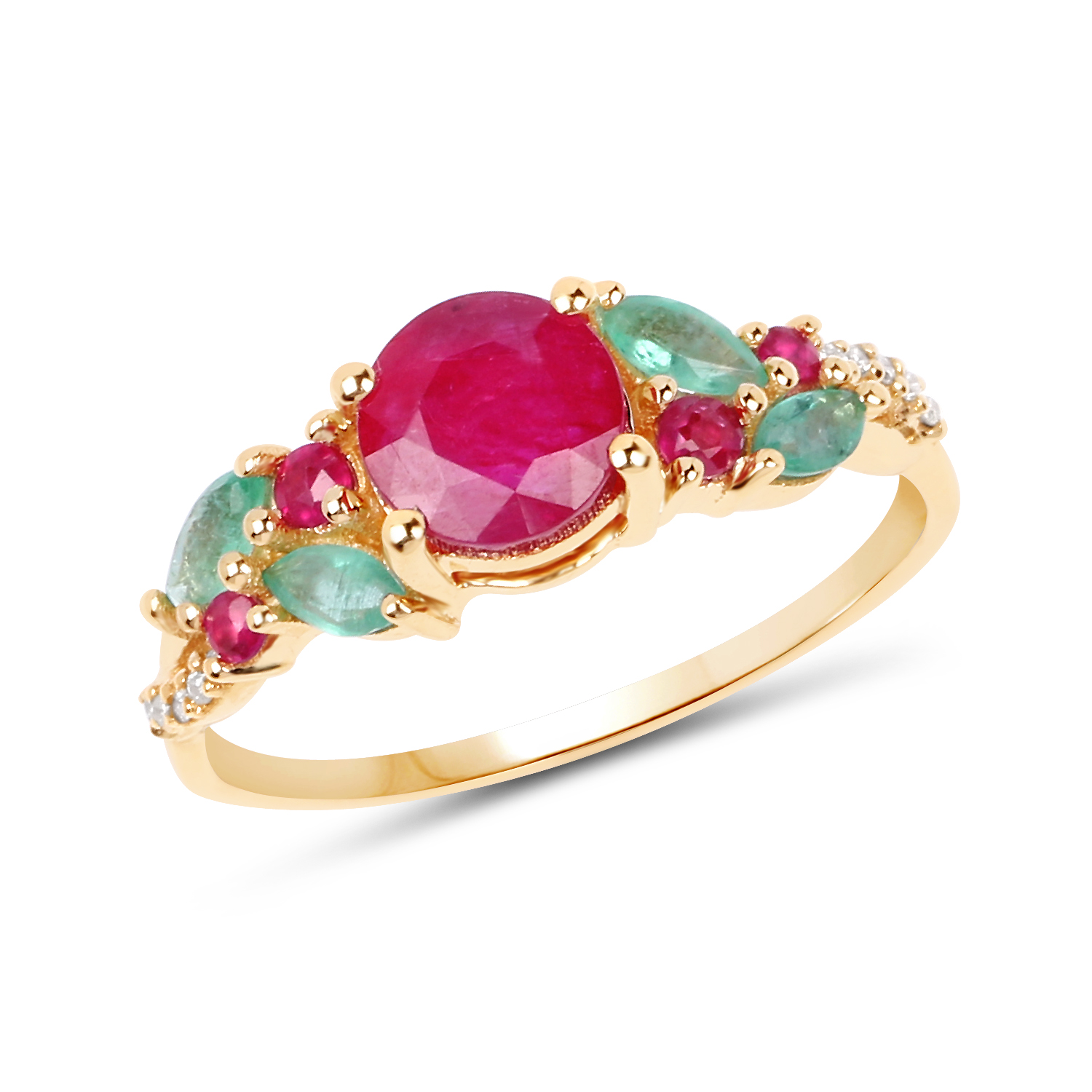 1.39 Carat Genuine Ruby, Zambian Emerald & White Diamond 14K Yellow Gold Ring