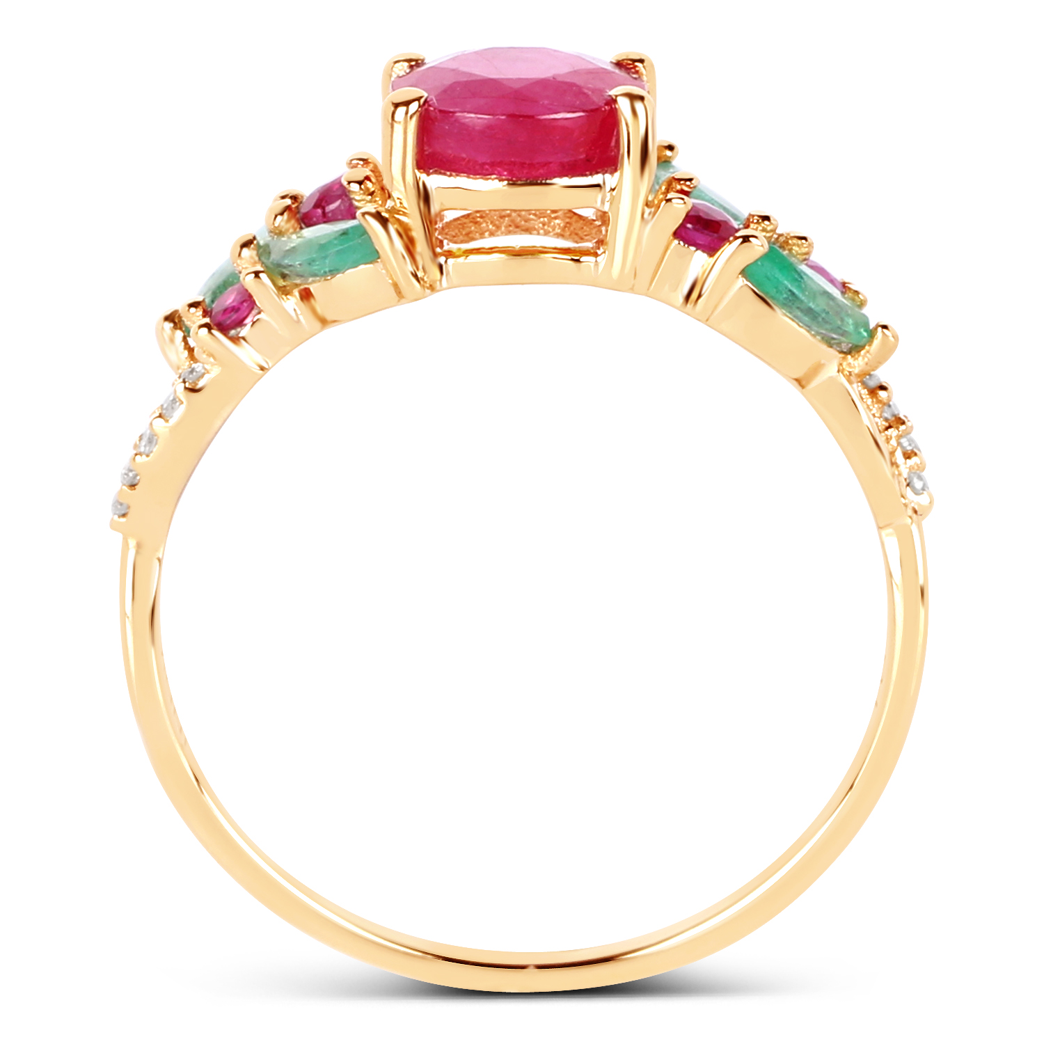 1.39 Carat Genuine Ruby, Zambian Emerald & White Diamond 14K Yellow Gold Ring
