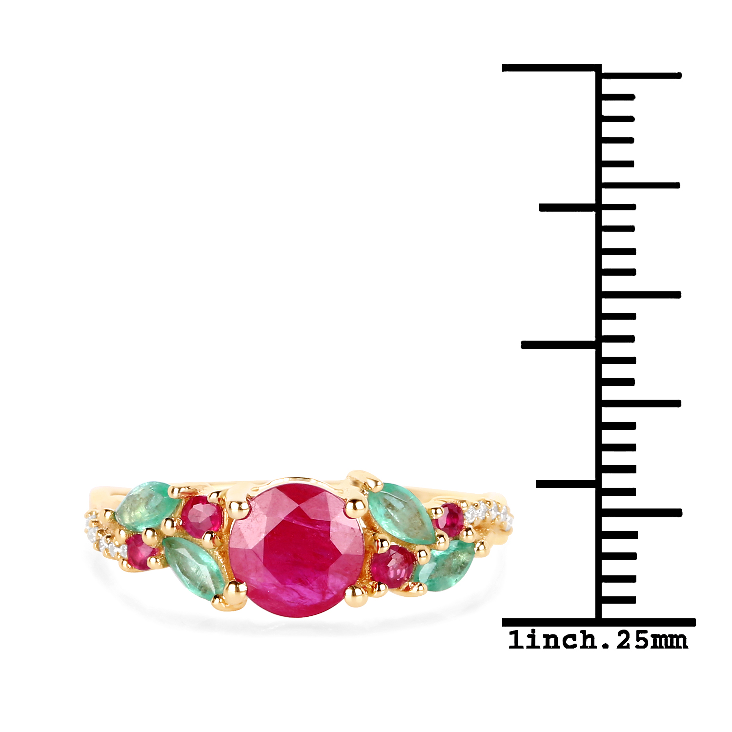 1.39 Carat Genuine Ruby, Zambian Emerald & White Diamond 14K Yellow Gold Ring