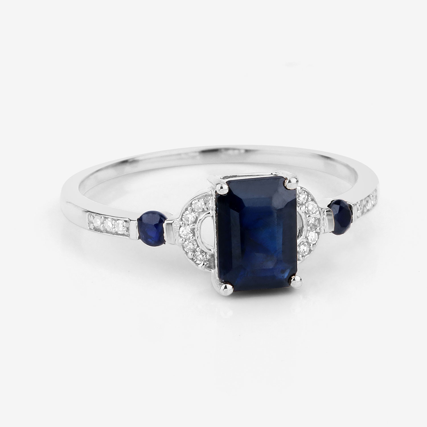 1.64 Carat Genuine Blue Sapphire and White Diamond 14K White Gold Ring