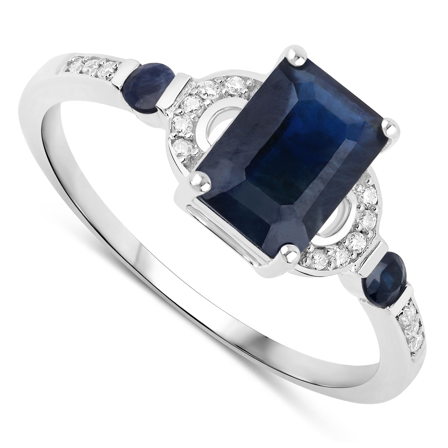 1.64 Carat Genuine Blue Sapphire and White Diamond 14K White Gold Ring