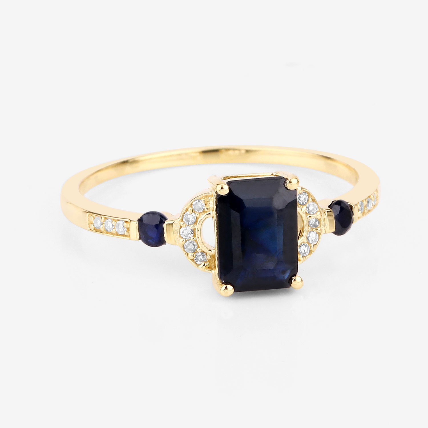 1.64 Carat Genuine Blue Sapphire and White Diamond 14K Yellow Gold Ring