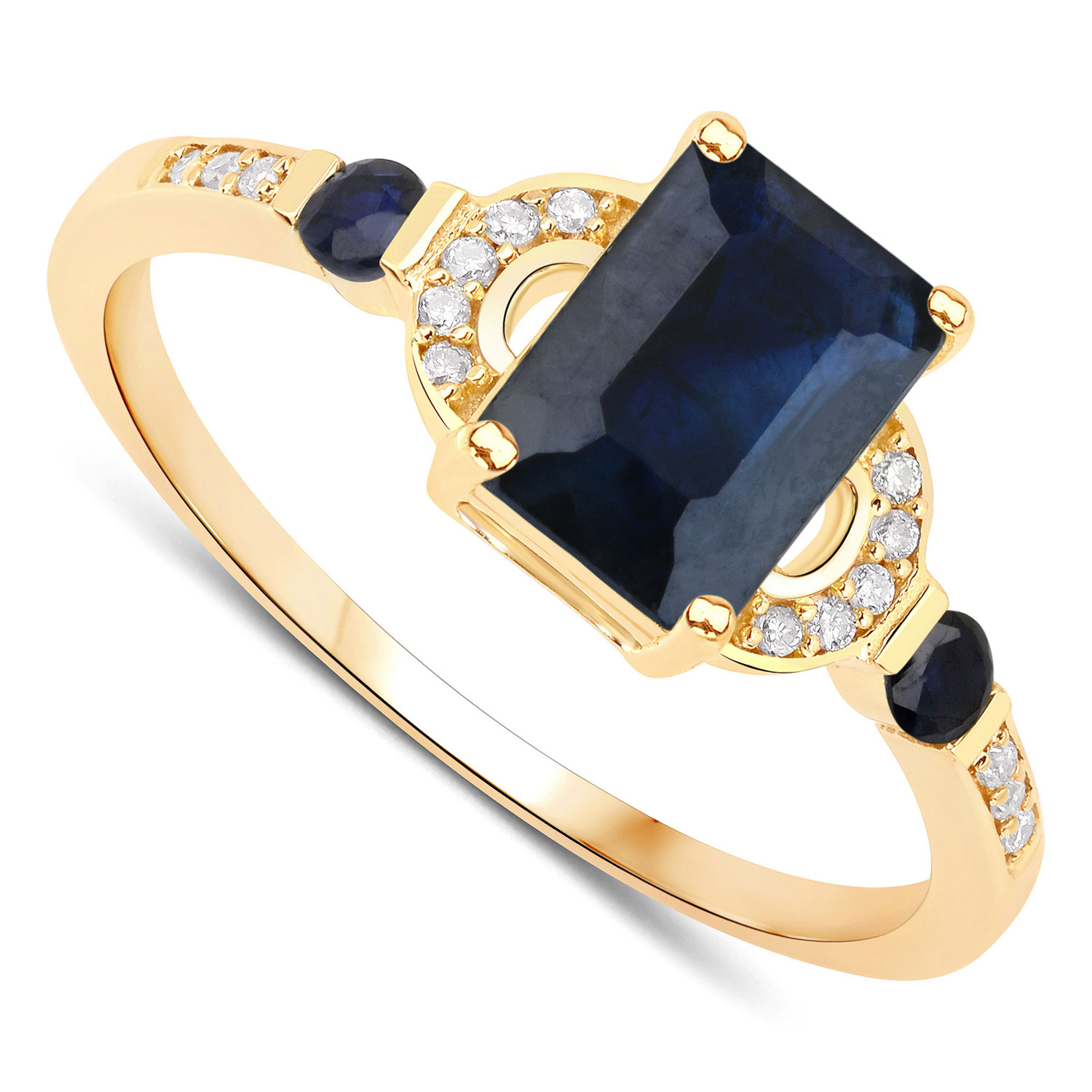 1.64 Carat Genuine Blue Sapphire and White Diamond 14K Yellow Gold Ring