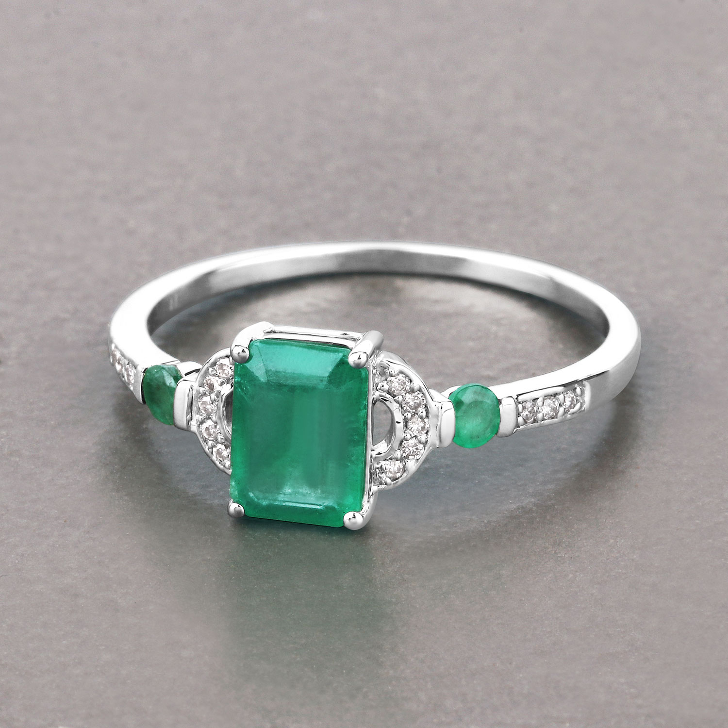 1.07 Carat Genuine Zambian Emerald and White Diamond 14K White Gold Ring