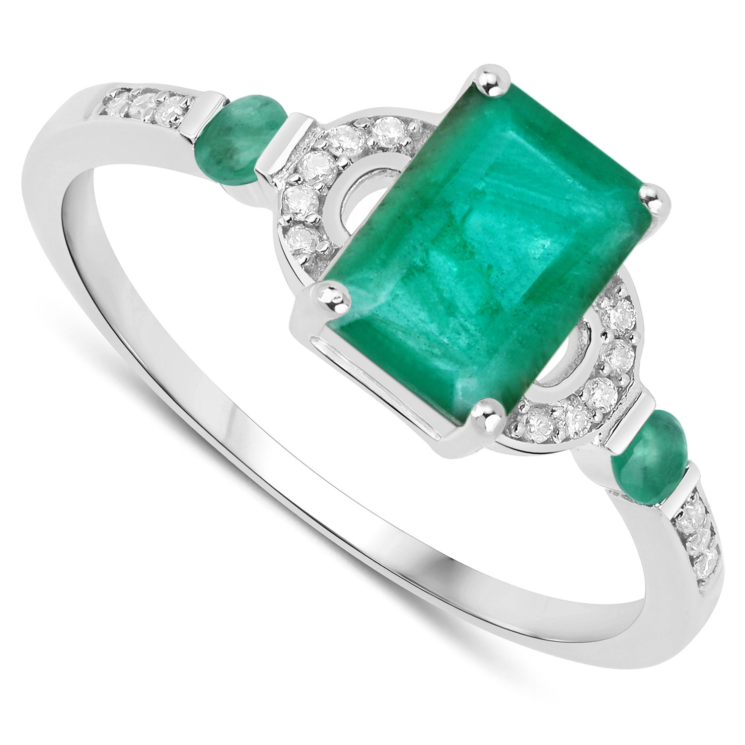 1.07 Carat Genuine Zambian Emerald and White Diamond 14K White Gold Ring