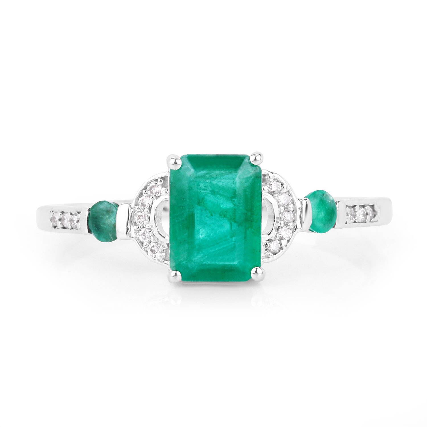 1.07 Carat Genuine Zambian Emerald and White Diamond 14K White Gold Ring