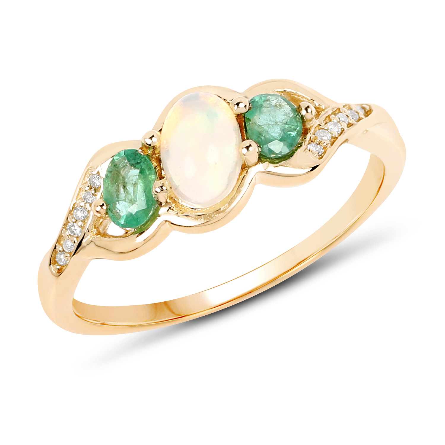 0.61 Carat Genuine Ethiopian Opal, Zambian Emerald & White Diamond 14K Yellow Gold Ring
