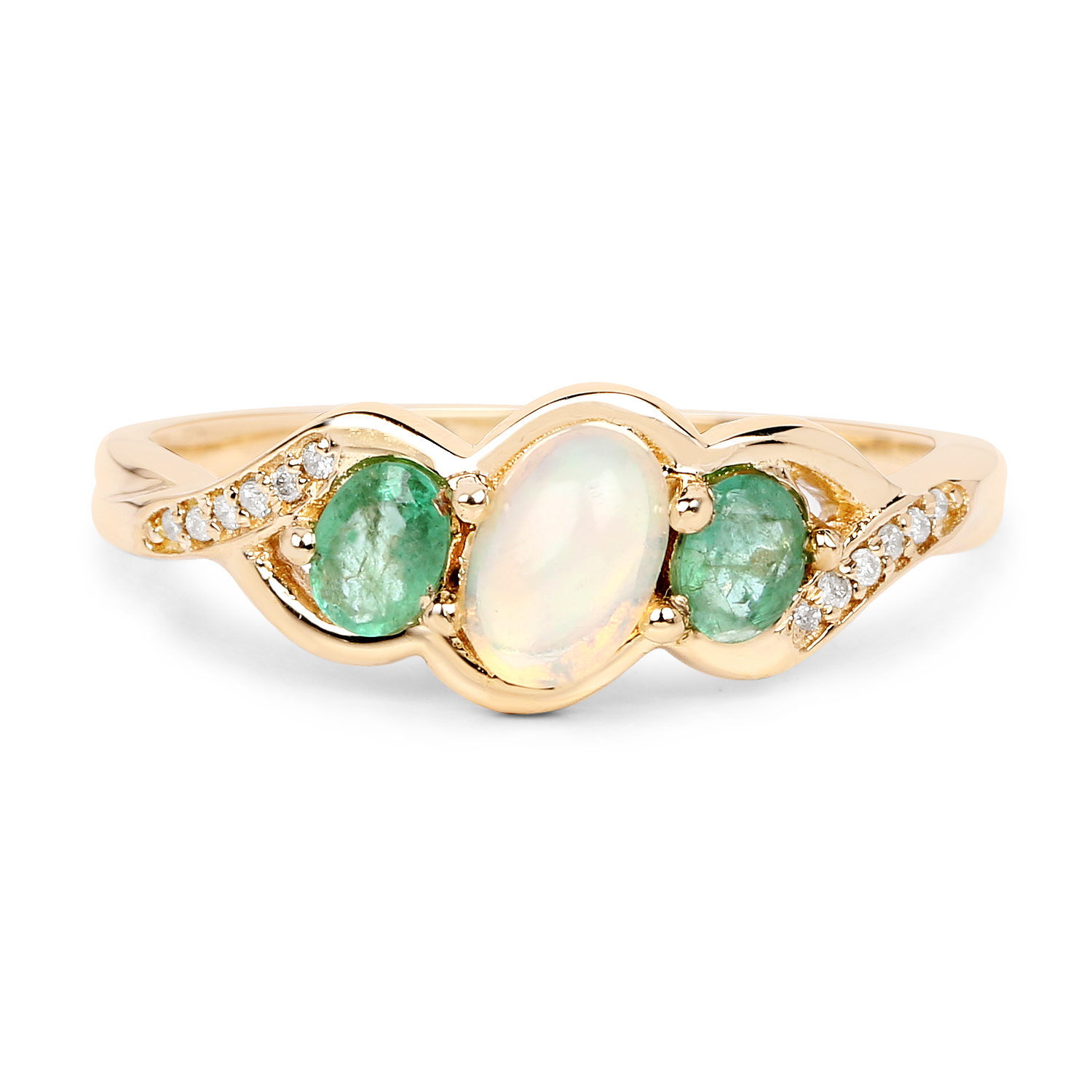 0.61 Carat Genuine Ethiopian Opal, Zambian Emerald & White Diamond 14K Yellow Gold Ring