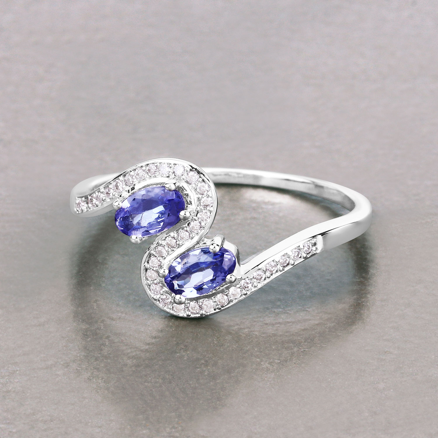 0.59 Carat Genuine Tanzanite and White Diamond 14K White Gold Ring