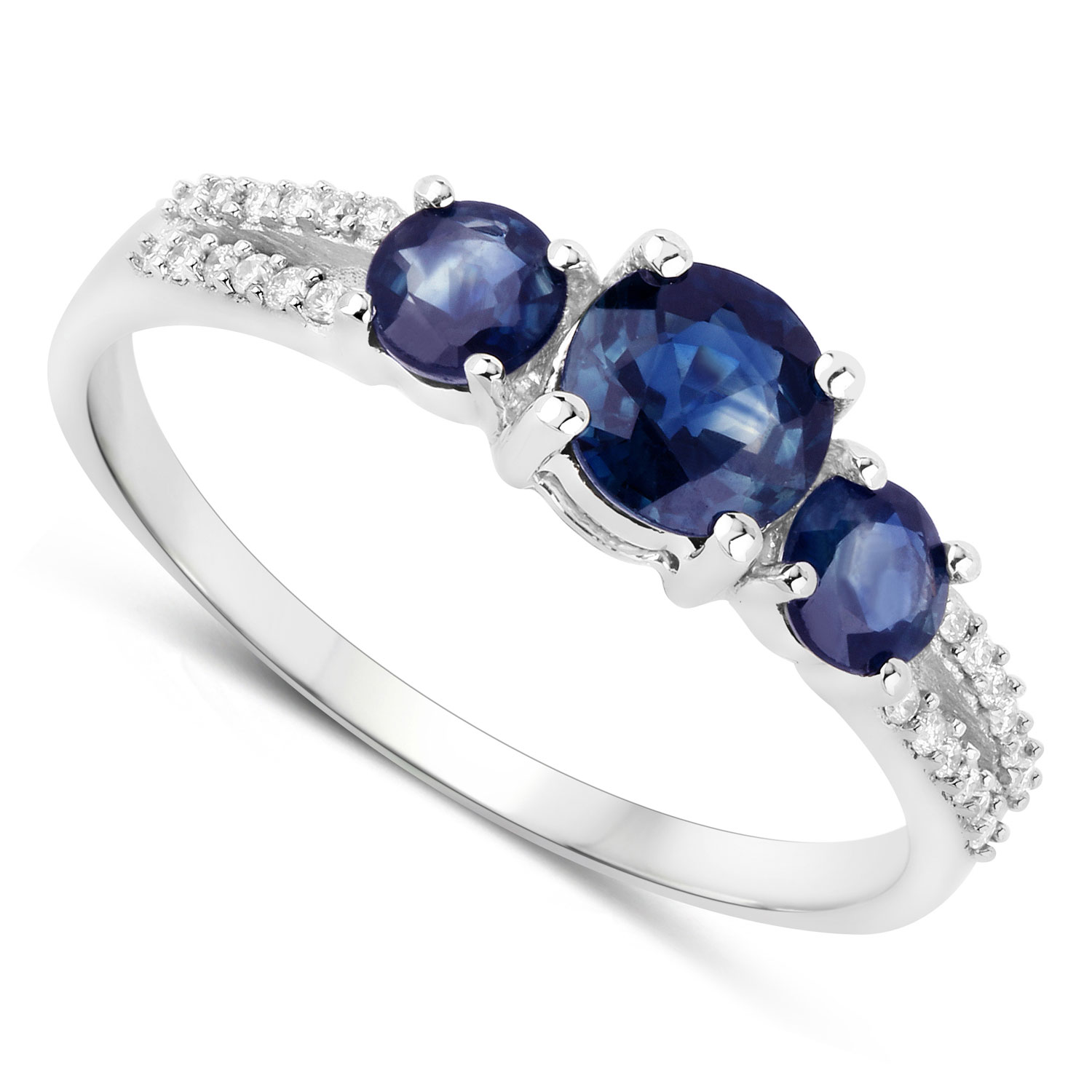 1.08 Carat Genuine Blue Sapphire and White Diamond 14K White Gold Ring