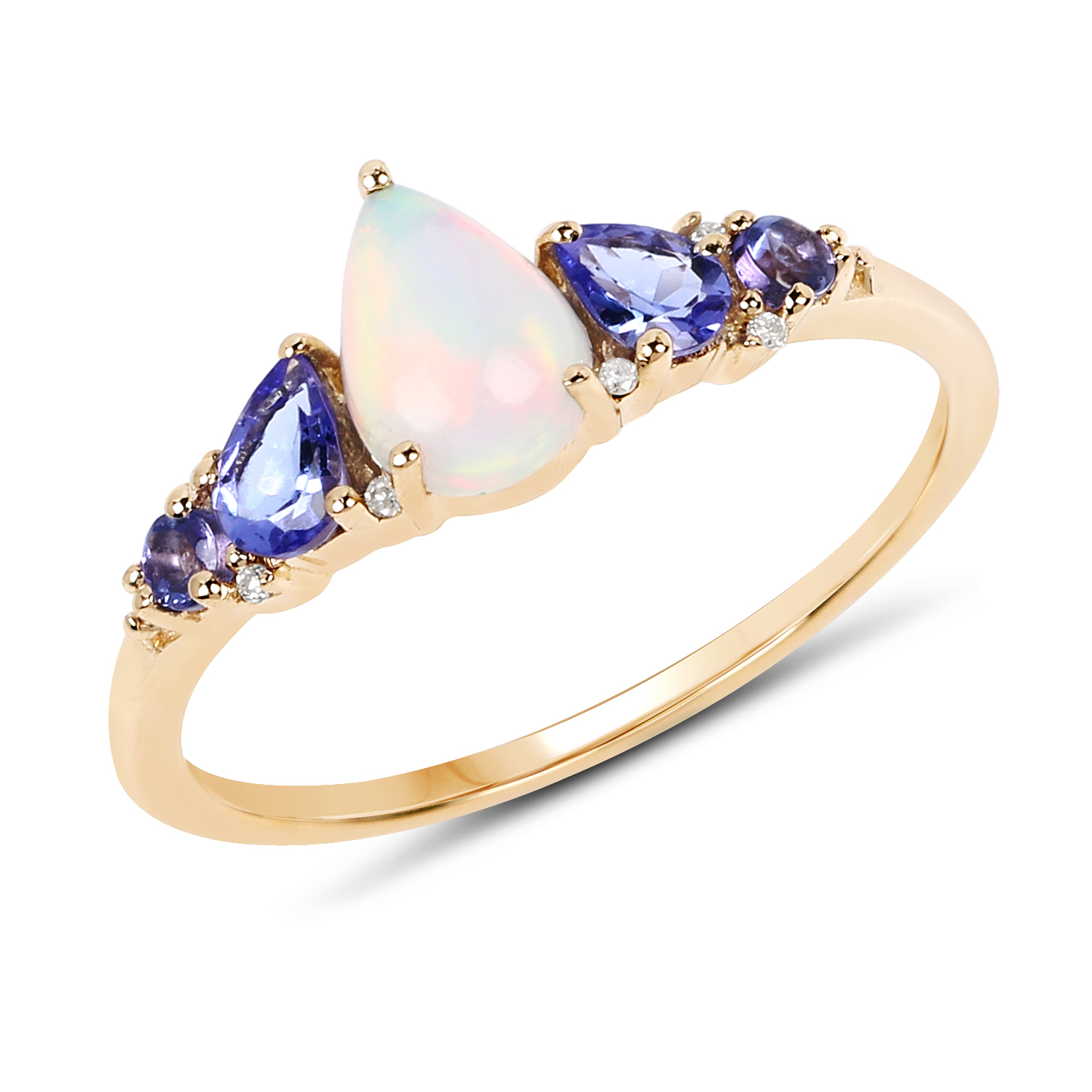 0.75 Carat Genuine Opal Ethiopian, Tanzanite & White Diamond 14K Yellow Gold Ring