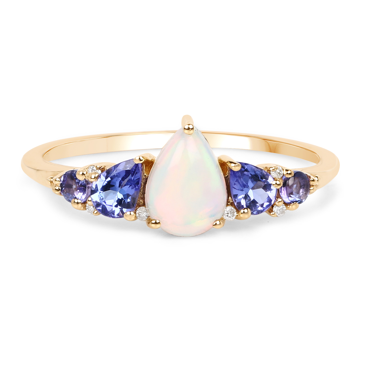 0.75 Carat Genuine Opal Ethiopian, Tanzanite & White Diamond 14K Yellow Gold Ring