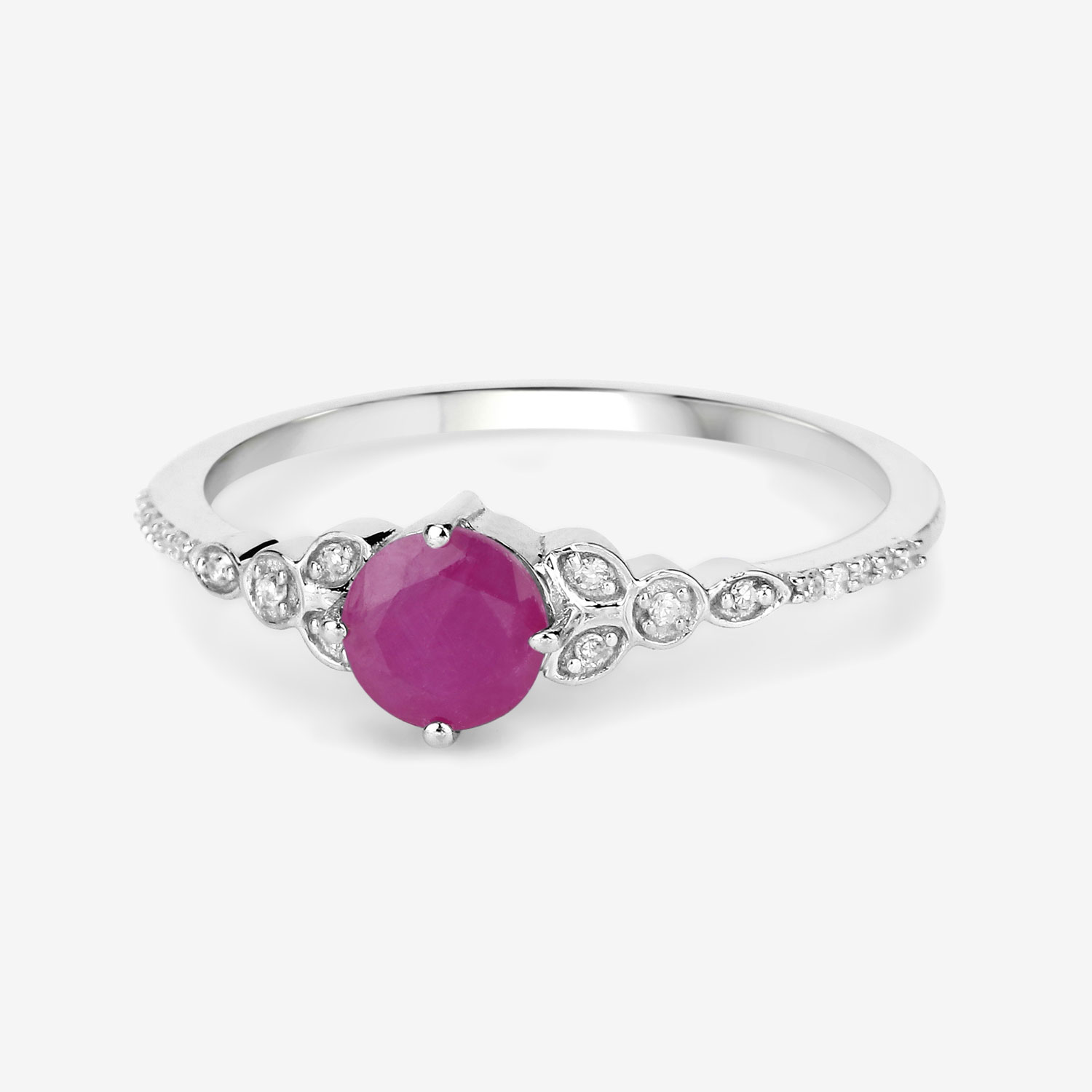 0.60 Carat Genuine Ruby and White Diamond 14K White Gold Ring