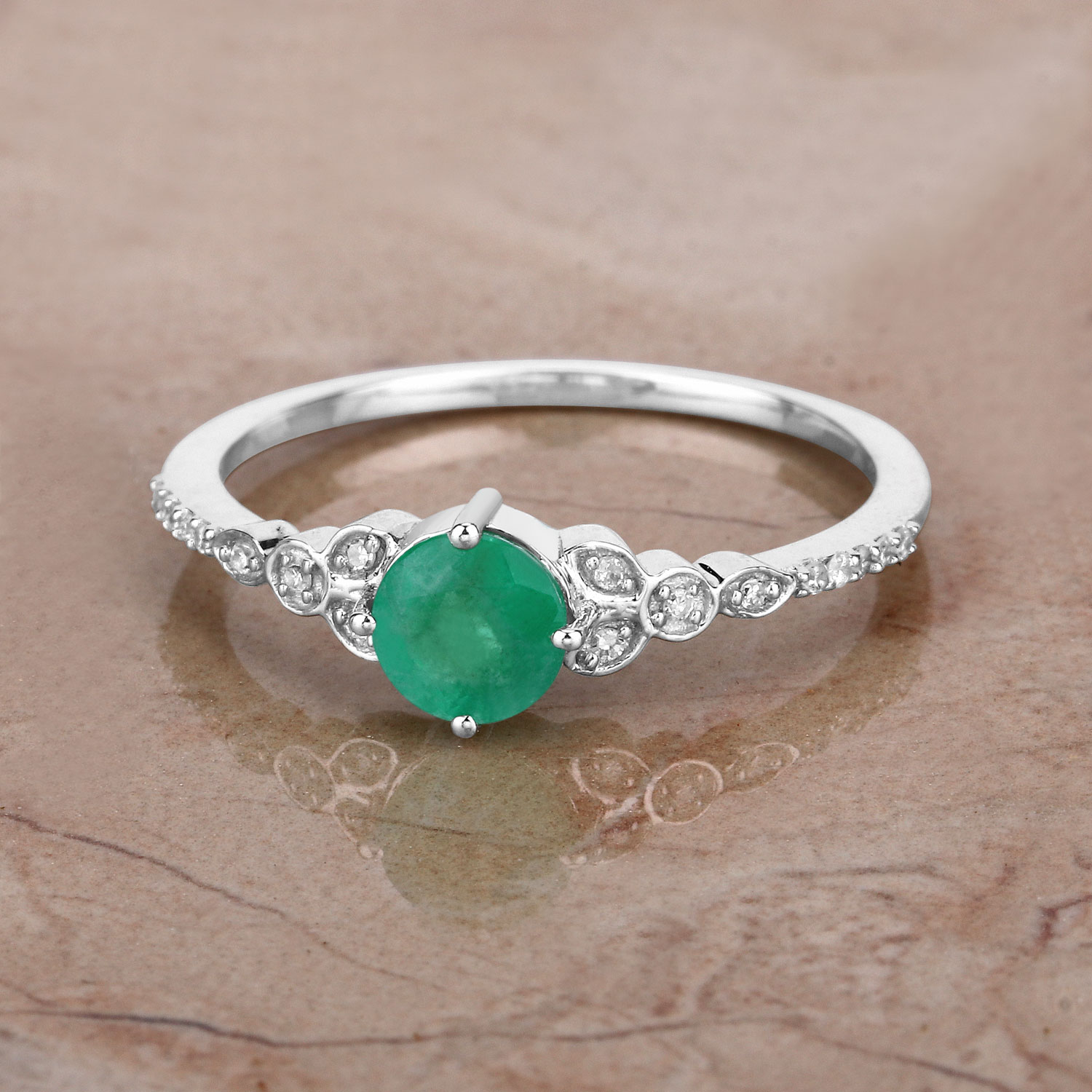 0.47 Carat Genuine Zambian Emerald and White Diamond 14K White Gold Ring
