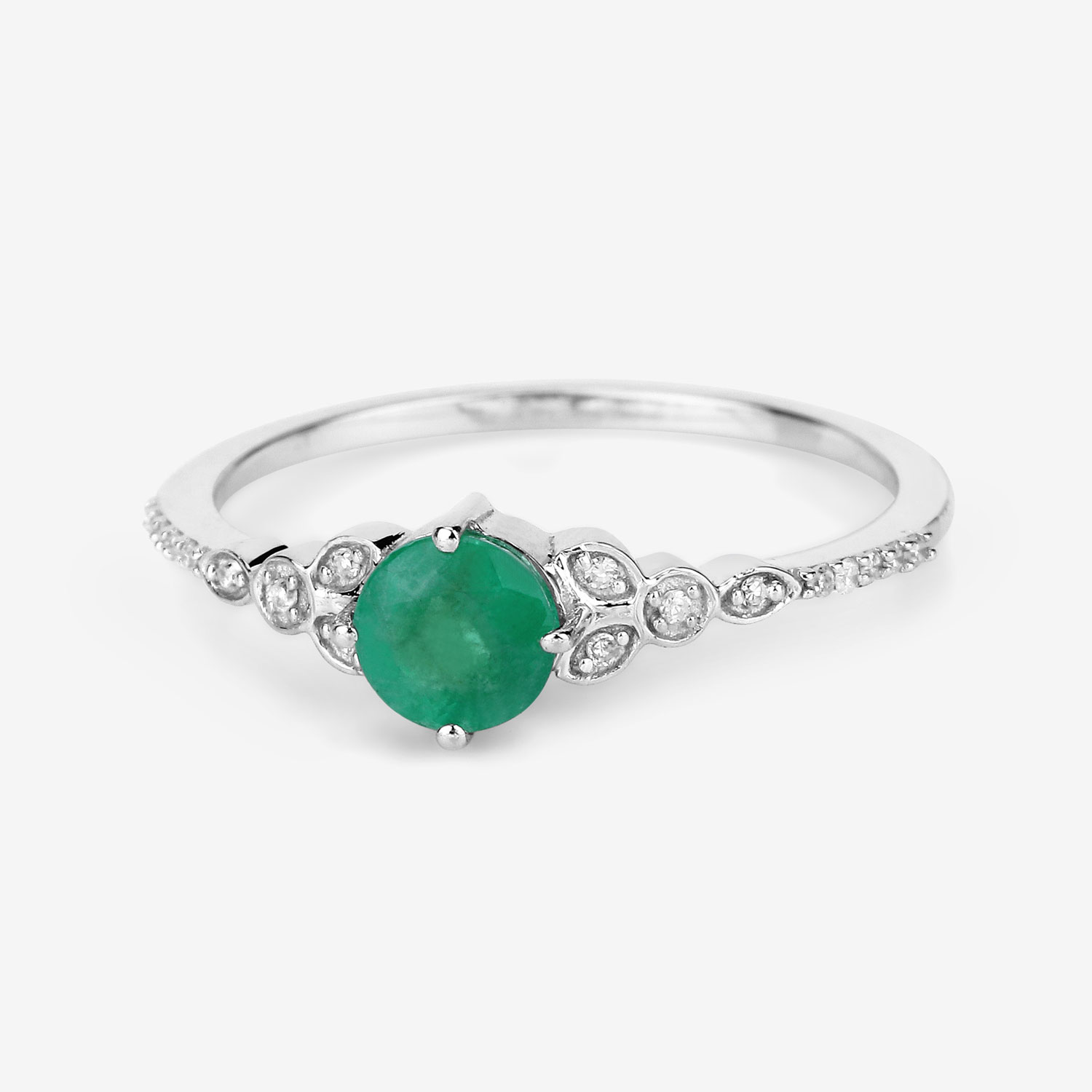 0.47 Carat Genuine Zambian Emerald and White Diamond 14K White Gold Ring