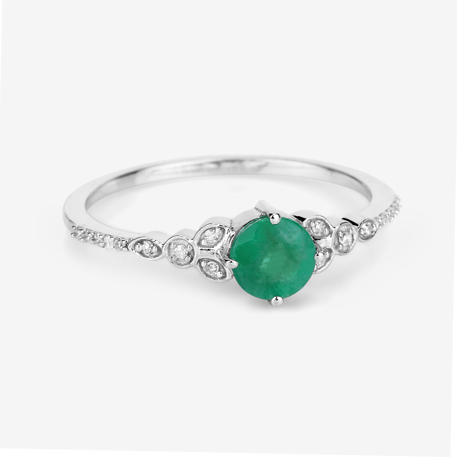 0.47 Carat Genuine Zambian Emerald and White Diamond 14K White Gold Ring