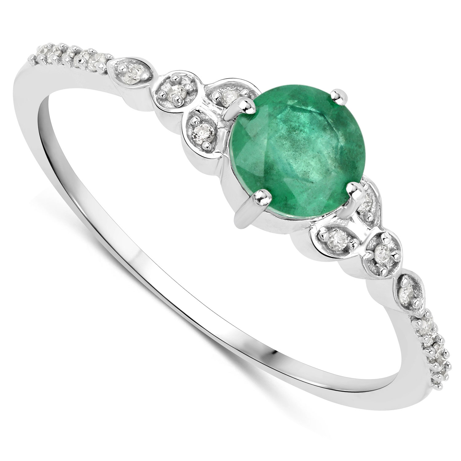 0.47 Carat Genuine Zambian Emerald and White Diamond 14K White Gold Ring