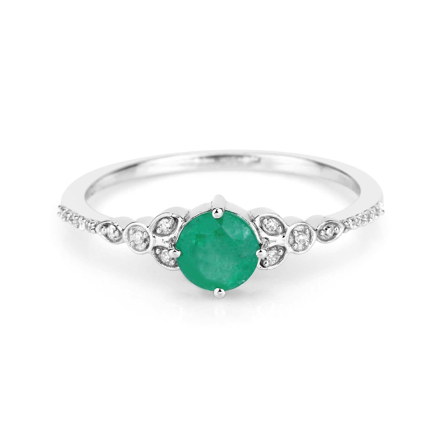 0.47 Carat Genuine Zambian Emerald and White Diamond 14K White Gold Ring
