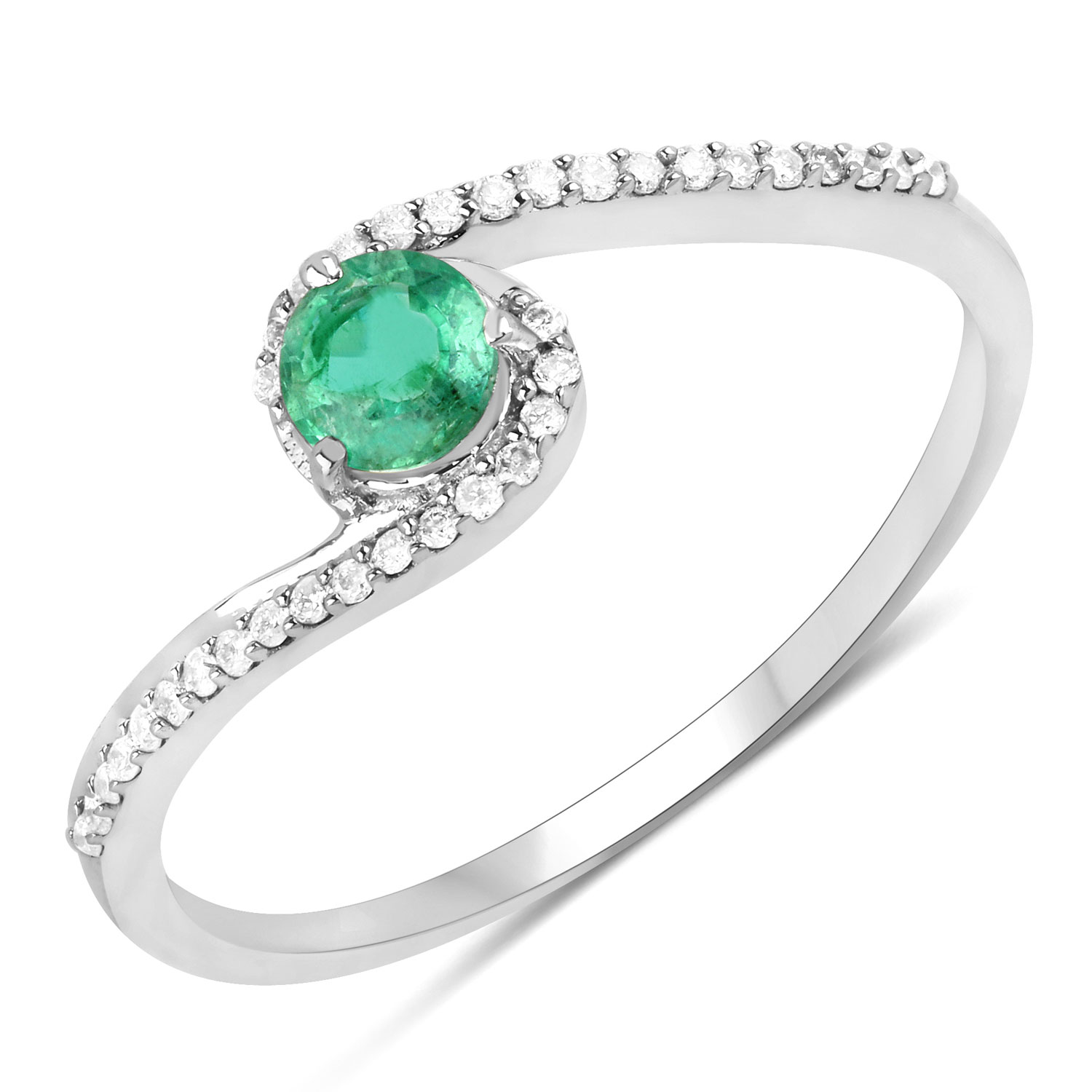 0.33 Carat Genuine Zambian Emerald and White Diamond 14K White Gold Ring