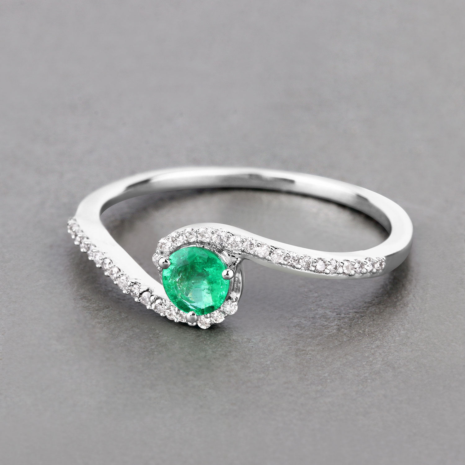 0.33 Carat Genuine Zambian Emerald and White Diamond 14K White Gold Ring