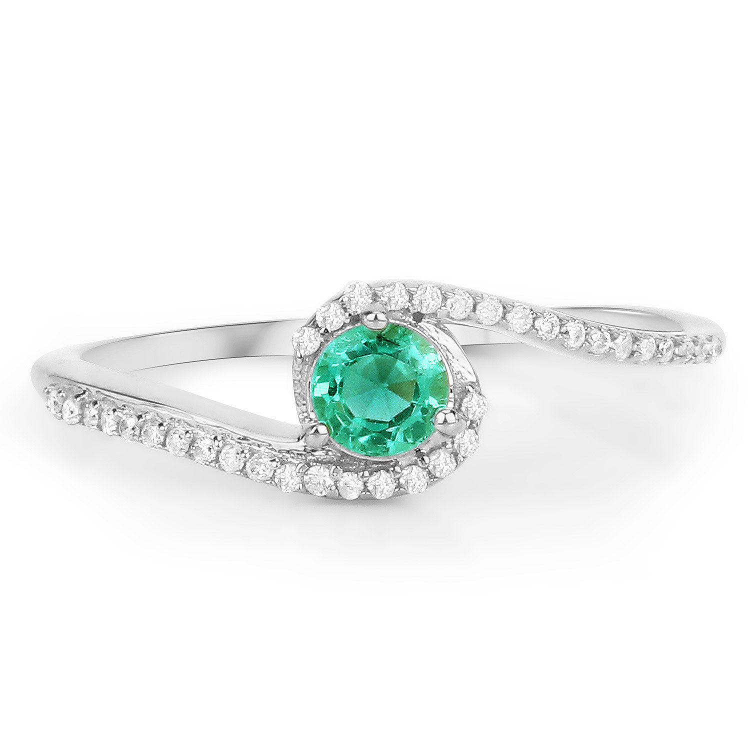 0.33 Carat Genuine Zambian Emerald and White Diamond 14K White Gold Ring