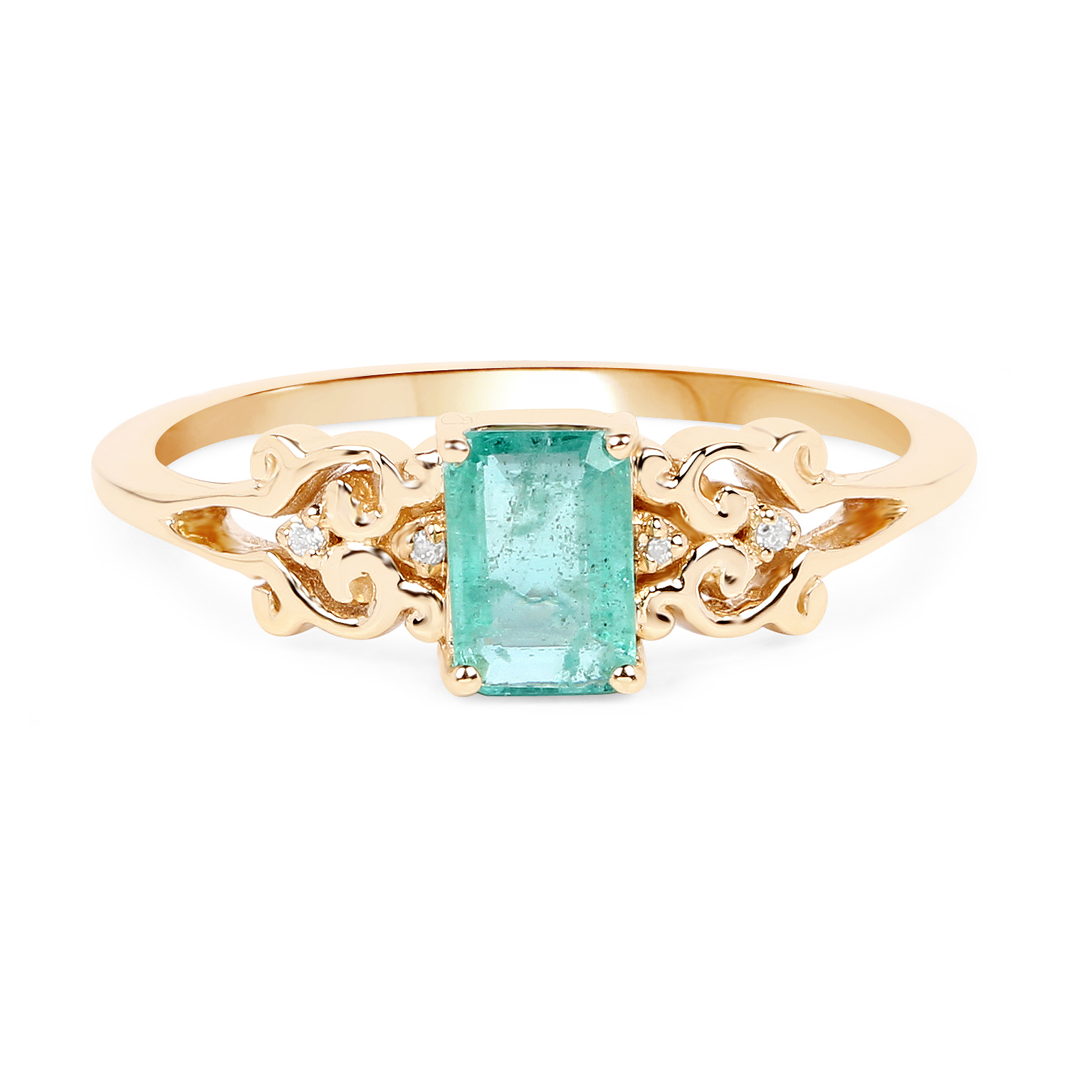 0.56 Carat Genuine Zambian Emerald and White Diamond 14K Yellow Gold Ring