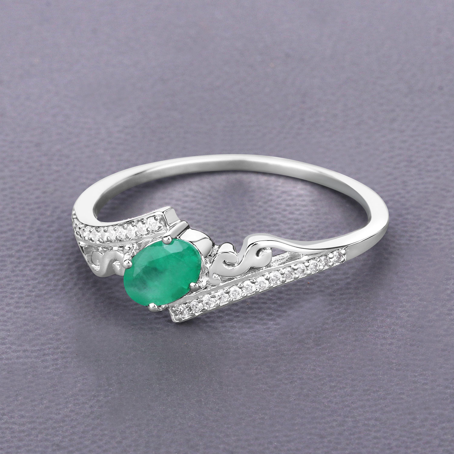 0.51 Carat Genuine Zambian Emerald and White Diamond 14K White Gold Ring