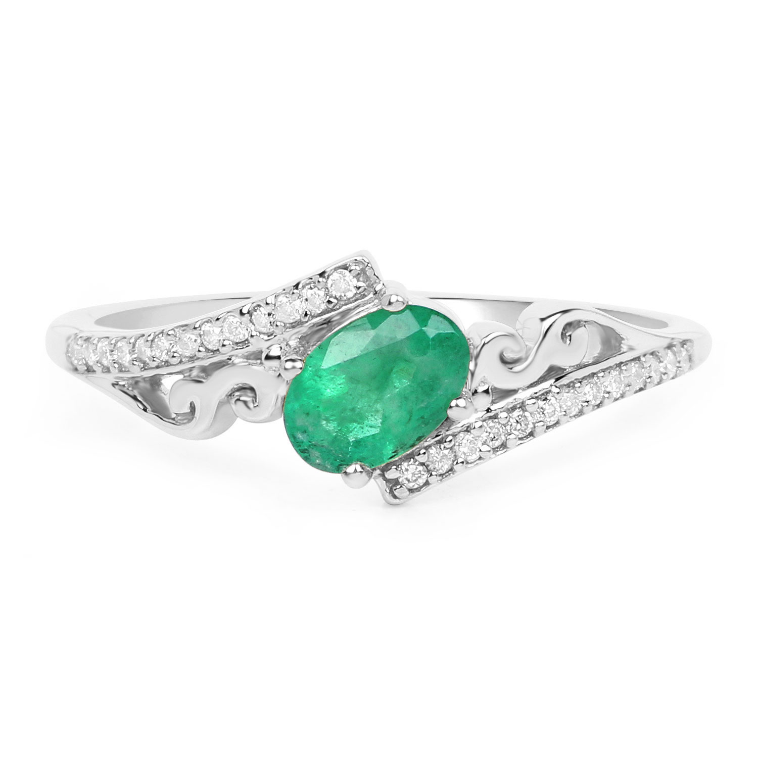 0.51 Carat Genuine Zambian Emerald and White Diamond 14K White Gold Ring