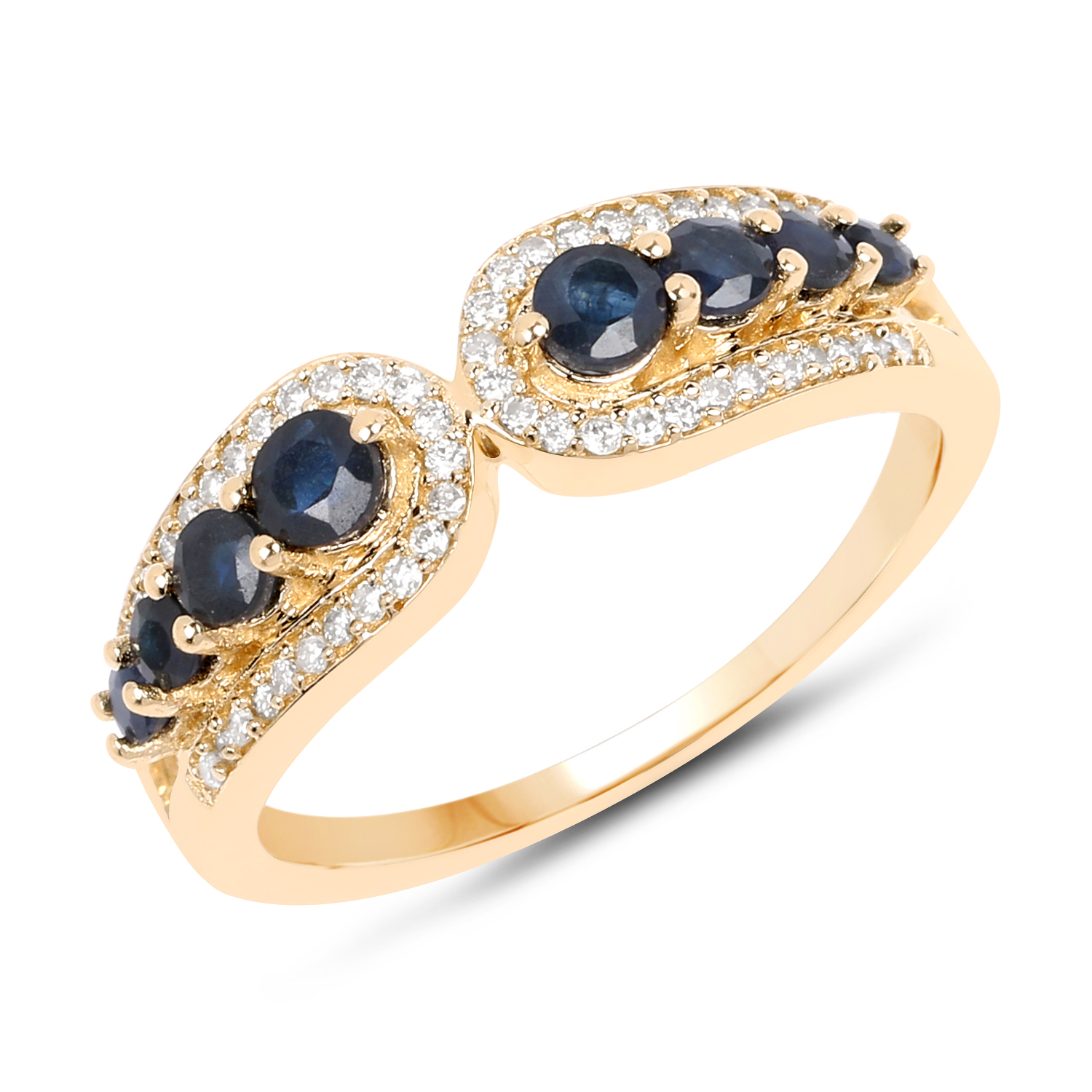 0.64 Carat Genuine Blue Sapphire and White Diamond 14K Yellow Gold Ring