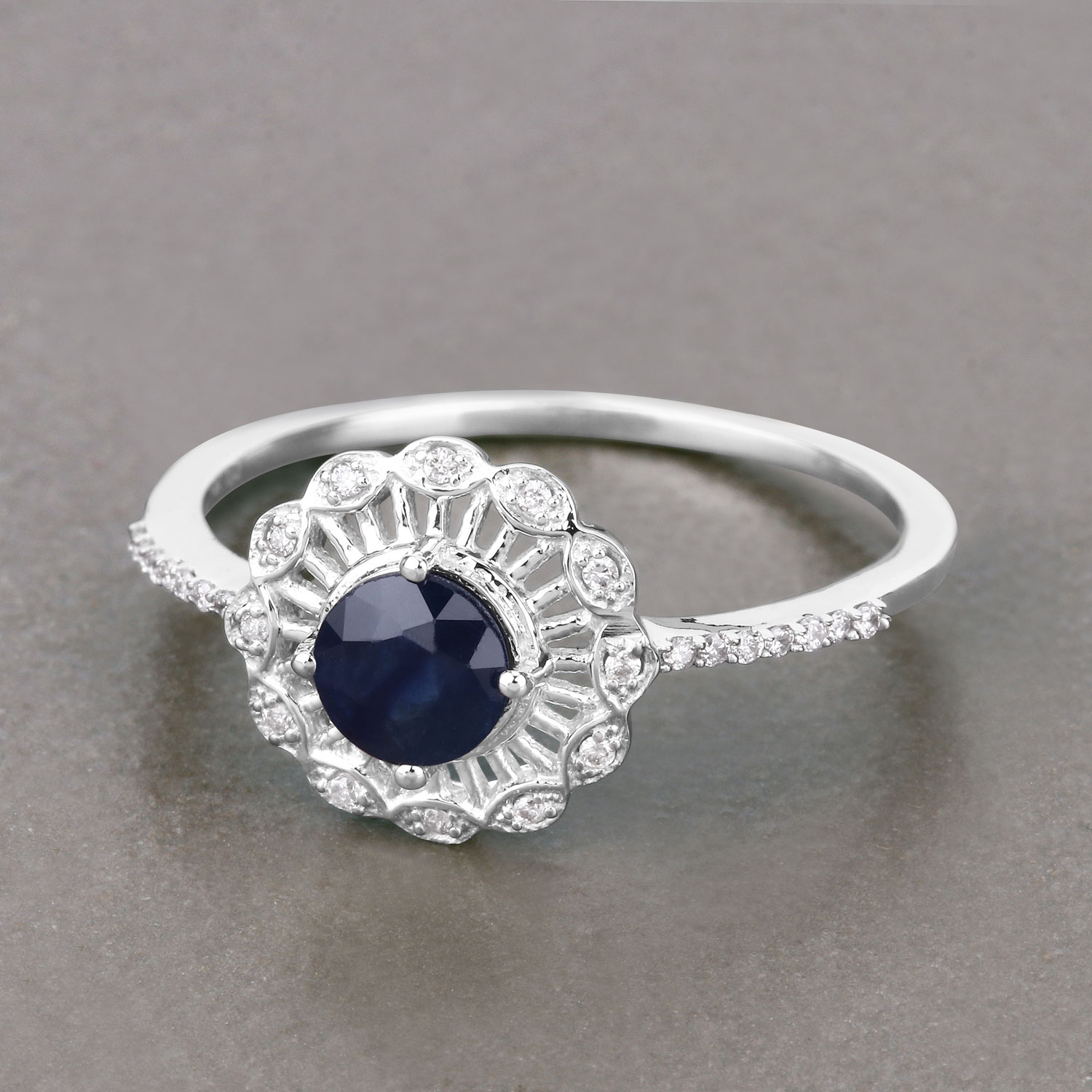 0.72 Carat Genuine Blue Sapphire and White Diamond 14K White Gold Ring