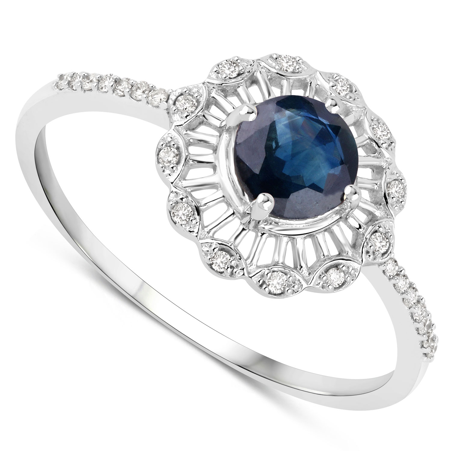 0.72 Carat Genuine Blue Sapphire and White Diamond 14K White Gold Ring